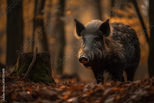 Sus scrofa, a wild boar of various ages that resides in the dense forest, hunts for food there. Generative AI