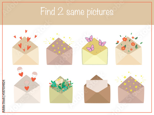 Find the same pictures - children educational game with cute envelopes. Vector illustration