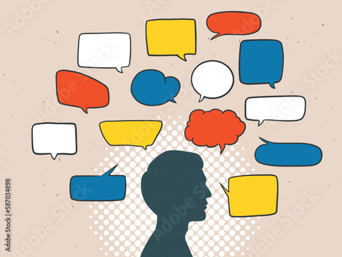 silhouette of a man in profile surrounded by speech bubbles. A lot of thoughts and information around a person, informational noise. Vector illustration