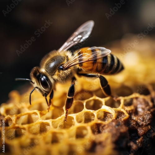 Closeup of bee on honeycomb in apiary. Created with generative AI. © Siarhei