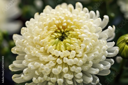 Full bloom of a white Pon Pon Mum (Chrysanthemum) flower. macro photography at close range. Generative AI