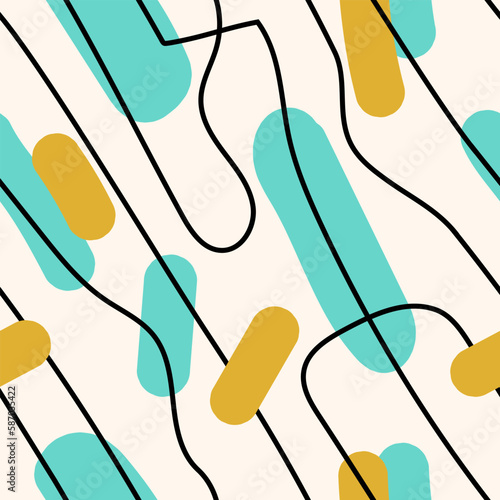 A contemporary, modern seamless pattern with abstract lines and shapes in bright colors that will give your design a fresh and trendy look.