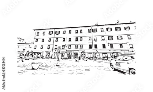 Building view with landmark of Porto ferraio is the town in Italy. Hand drawn sketch illustration in vector.
