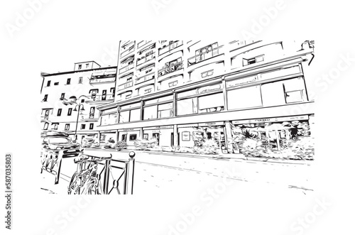 Building view with landmark of Porto ferraio is the town in Italy. Hand drawn sketch illustration in vector.
