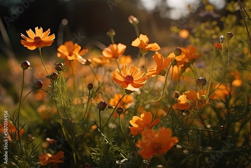 sunny field filled with vibrant orange flowers. Generative AI