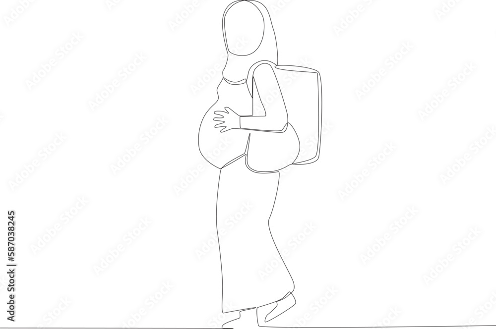 A pregnant woman flees her country. Refugee one-line drawing