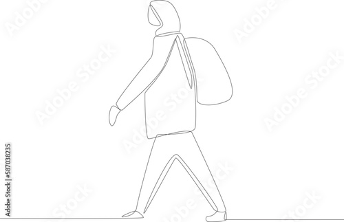 An imigrant looking for a place of refuge. Refugee one-line drawing photo