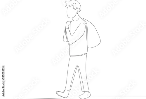 A male refugee carried a bag on his back. Refugee one-line drawing