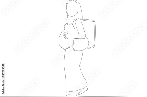 A pregnant woman flees her country. Refugee one-line drawing