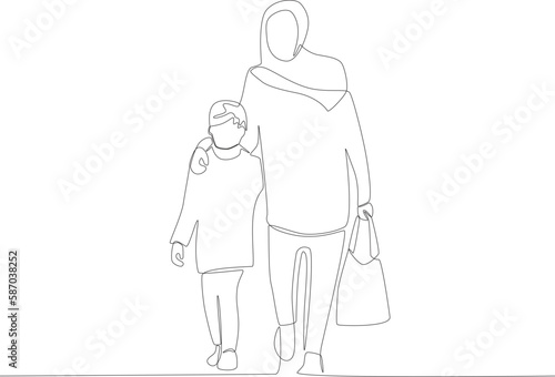 A woman and her child are looking for a place to evacuate. Refugee one-line drawing
