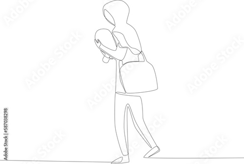 A mother and her baby were displaced by war. Refugee one-line drawing