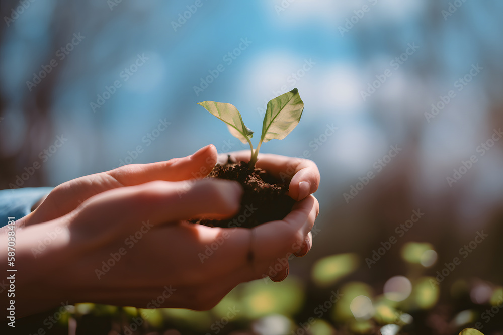 Hand holding young plant on nature background and sunslight. concept eco earth day. Happy Earth Day. Generative Ai. Hand holding young plant on nature background and sunslight. concept eco earth day. Happy Earth Day. Generative Ai.