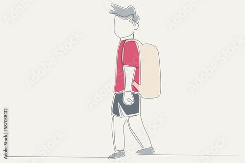 Color illustration of a little boy looking for shelter. Refugee one-line drawing