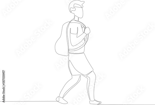 A man walking with a backpack. Refugee one-line drawing