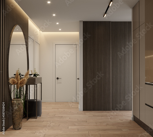 Modern home interior design. Modern apartment entrance or hallway. 3D Rendering, 3D Illustration