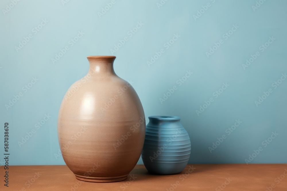 Duo of modern vases on a blue wall background. Duo of modern vases on a blue wall background.