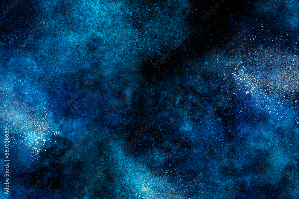 Dust explosion, noisy texture. Scattering of small particles, powder cloud. Abstract dark blue background for design