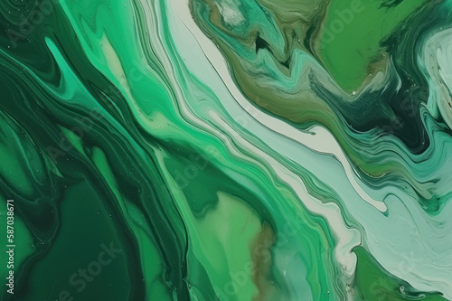 Abstract background. Liquid paint, fluid art style. Green and white colors. AI generative.