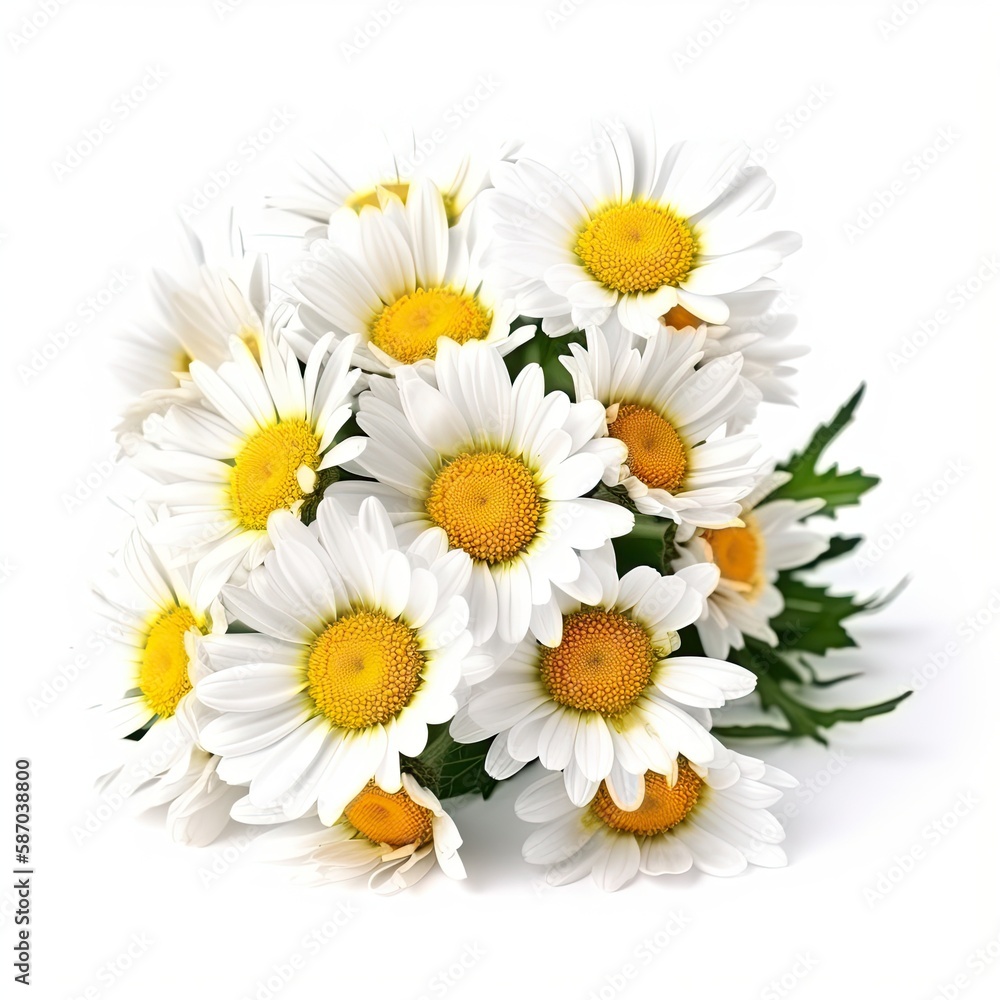 Fototapeta premium Fresh and delicate daisy bouquet with vibrant colors, isolated on white. Aesthetic and elegant floral composition. Generative AI