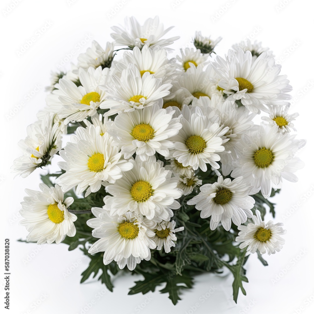 Fototapeta premium Fresh and delicate daisy bouquet with vibrant colors, isolated on white. Aesthetic and elegant floral composition. Generative AI