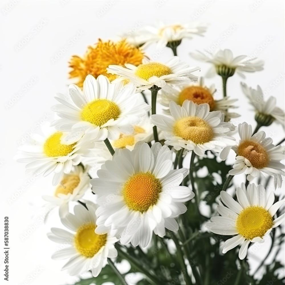Obraz premium Fresh and delicate daisy bouquet with vibrant colors, isolated on white. Aesthetic and elegant floral composition. Generative AI