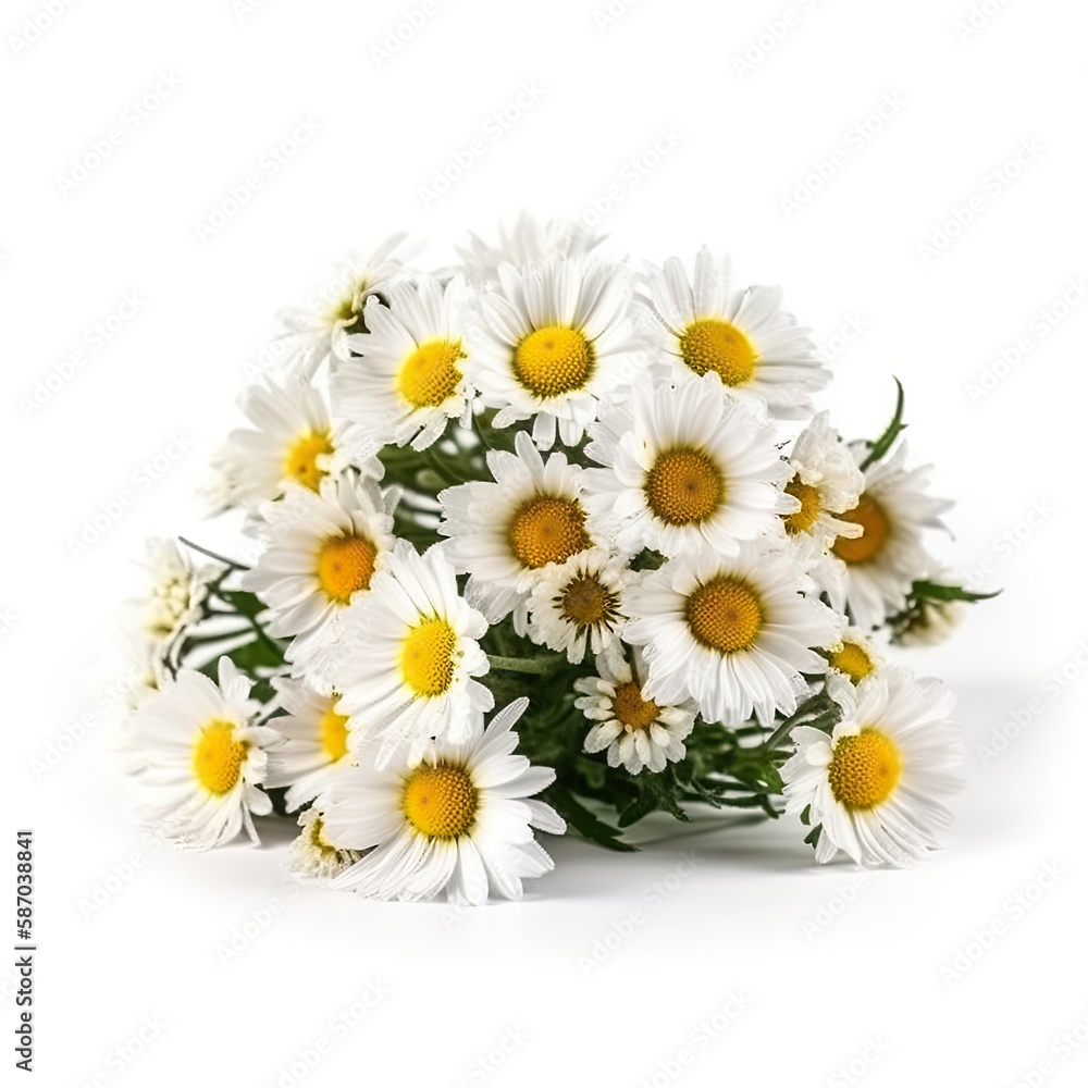 Fototapeta premium Fresh and delicate daisy bouquet with vibrant colors, isolated on white. Aesthetic and elegant floral composition. Generative AI