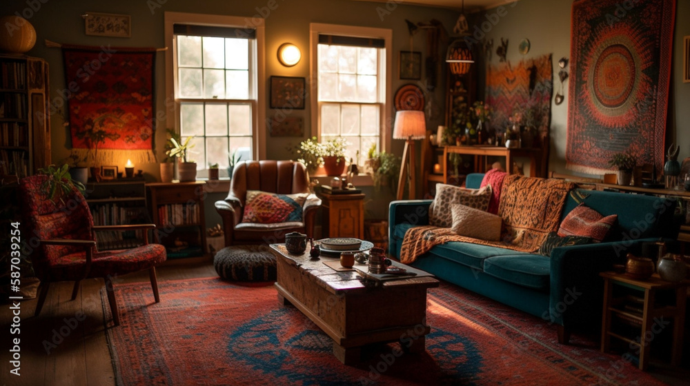 An eclectic, bohemian living room with colorful tapestries and warm accent light, perfect for a cozy afternoon, Created with generative Ai Technology.

