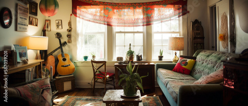 An eclectic, bohemian living room with colorful tapestries and warm accent light, perfect for a cozy afternoon, Created with generative Ai Technology.
