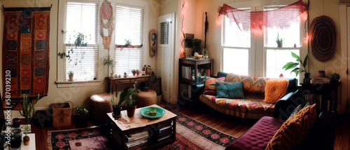 An eclectic, bohemian living room with colorful tapestries and warm accent light, perfect for a cozy afternoon, Created with generative Ai Technology. 