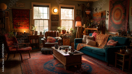 An eclectic  bohemian living room with colorful tapestries and warm accent light  perfect for a cozy afternoon  Created with generative Ai Technology. 