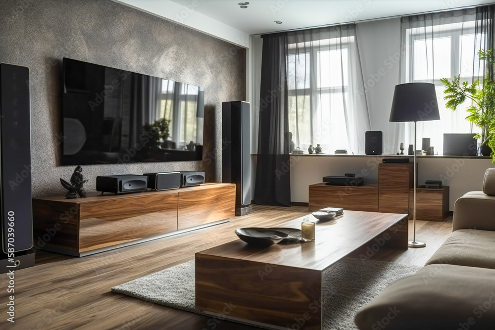 Modern living room with a big TV, audio line and furniture. Created with Generative AI technology. Modern living room with a big TV, audio line and furniture. Created with Generative AI technology.