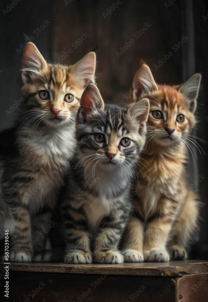 Three cute kitten looking at the camera. Created with Generative AI technology.