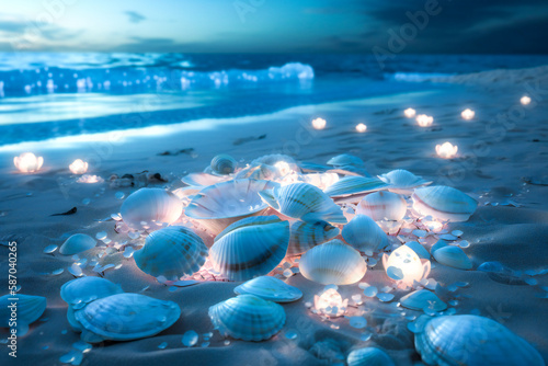 Dream landscape on a sandy beach with shells, flowers, pearls and little luminous glass spheres. Dream and meditation concept.  Created with Generative AI technology. © Adrian Grosu