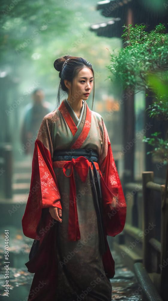 Illustration of a beautiful young Japanese woman in a park, wearing a red traditional kimono. Created with Generative AI technology. Illustration of a beautiful young Japanese woman in a park, wearing a red traditional kimono. Created with Generative AI technology.