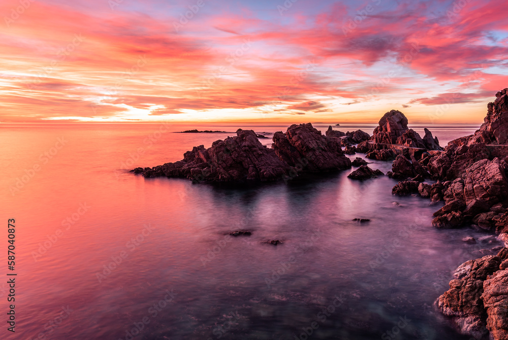 Beautiful sky on sunrise at the Mediterranean Sea (Esculls de Canyet, Spain, Catalonia)
