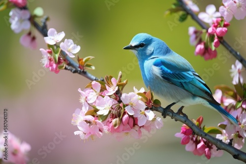 The color azure blue (Cyanistes cyanus). A lovely unusual bird against an apple blossom background. Ukraine and Poland. Generative AI