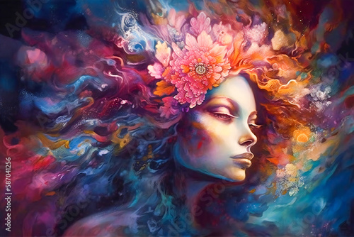 Creative fantasy portrait of a girl surrounded by flowers and clouds. Concept of dream  meditation  transcendent conscience and creative mind. Created with Generative AI technology.