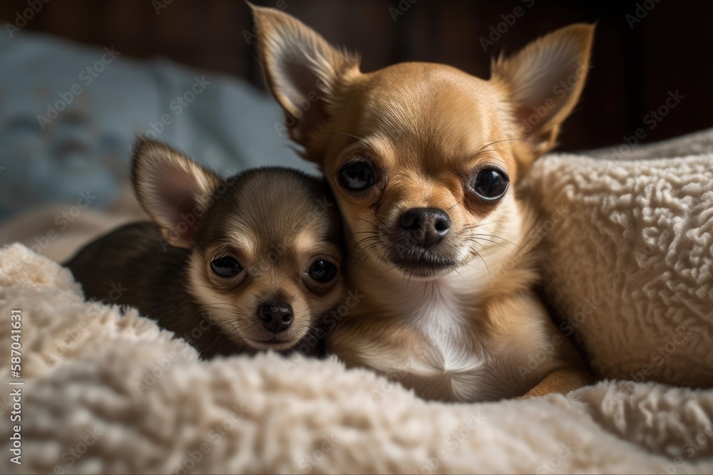 Chihuahua puppy with infant in bed. Generative AI