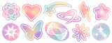 Set of mesh gradient stickers in pastel colors. Abstract y2k geometric shapes in trendy retro style. Heart, flower, daisy, butterfly, star