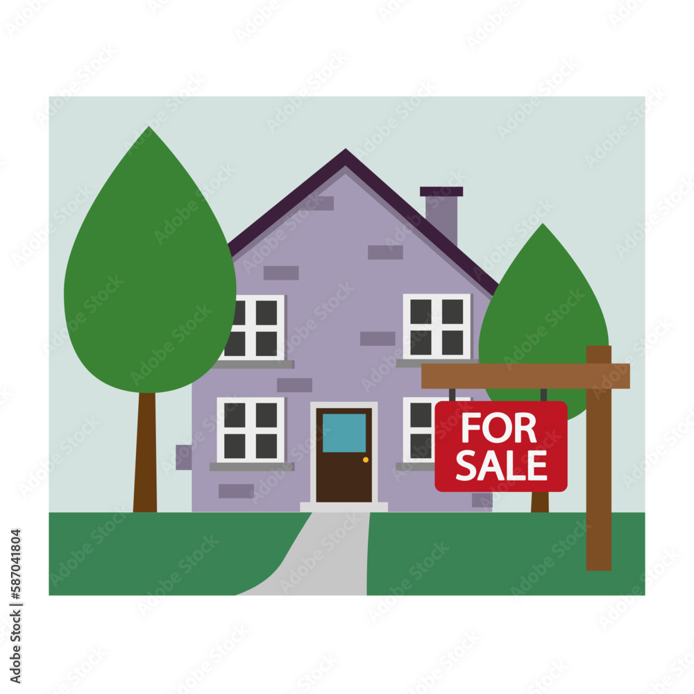 Cartoon house for sale. Business concept. Real estate, mortgage, loan concept. Vector illustration.
