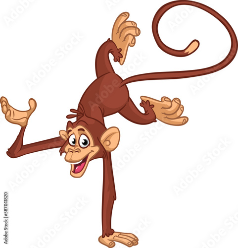 Cartoon funny monkey chimpanzee balancing on one hand or doind flip acrobatic handstand. Vector illustration of happy monkey character design isolated