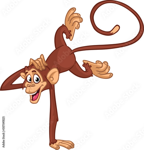 Cartoon funny monkey chimpanzee balancing on one hand or doind flip acrobatic handstand. Vector illustration of happy monkey character design isolated