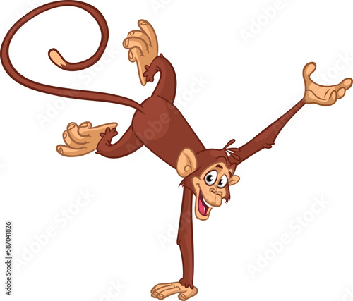 Cartoon funny monkey chimpanzee balancing on one hand or doind flip acrobatic handstand. Vector illustration of happy monkey character design isolated
