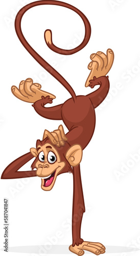 Cartoon funny monkey chimpanzee balancing on one hand or doind flip acrobatic handstand. Vector illustration of happy monkey character design isolated