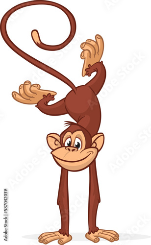 Cartoon funny monkey chimpanzee doing handstand and balancing. Vector illustration of happy monkey performing acrobatic circus trick character design isolated