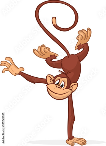 Cartoon funny monkey chimpanzee balancing on one hand or doind flip acrobatic handstand. Vector illustration of happy monkey character design isolated