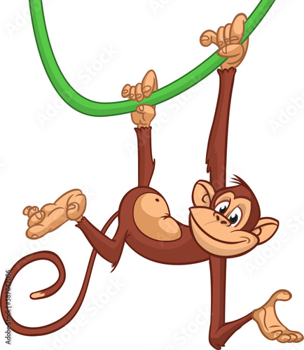 Cartoon monkey chimpanzee handing upside down on the tree branch. Vector illustration of happy monkey character