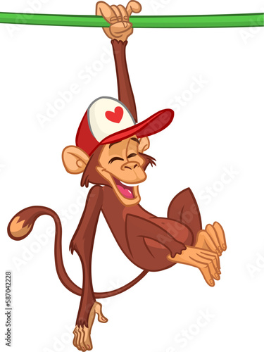 Cartoon monkey chimpanzee handing upside down on the tree branch or liana. Vector illustration of happy monkey character