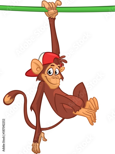 Cartoon monkey chimpanzee handing upside down on the tree branch or liana. Vector illustration of happy monkey character