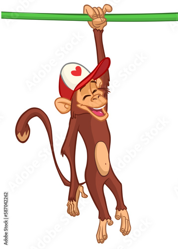 Cartoon monkey chimpanzee handing upside down on the tree branch or liana. Vector illustration of happy monkey character